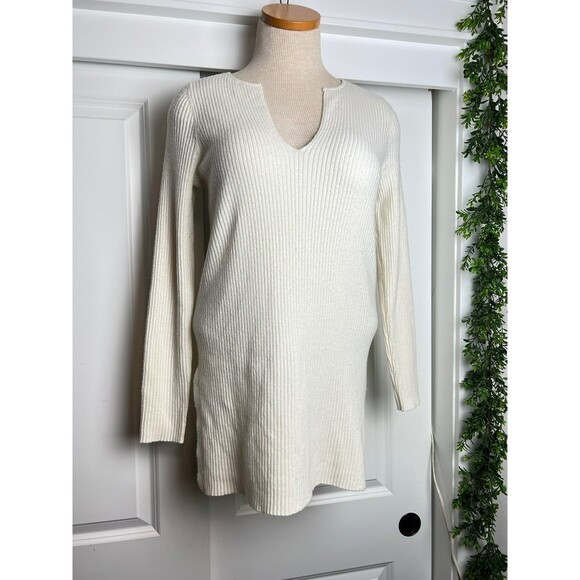 Anthropologie Ett twa Amrita Cream Merino Wool Ribbed Vneck Tunic Sweater size m - Picture 2 of 8